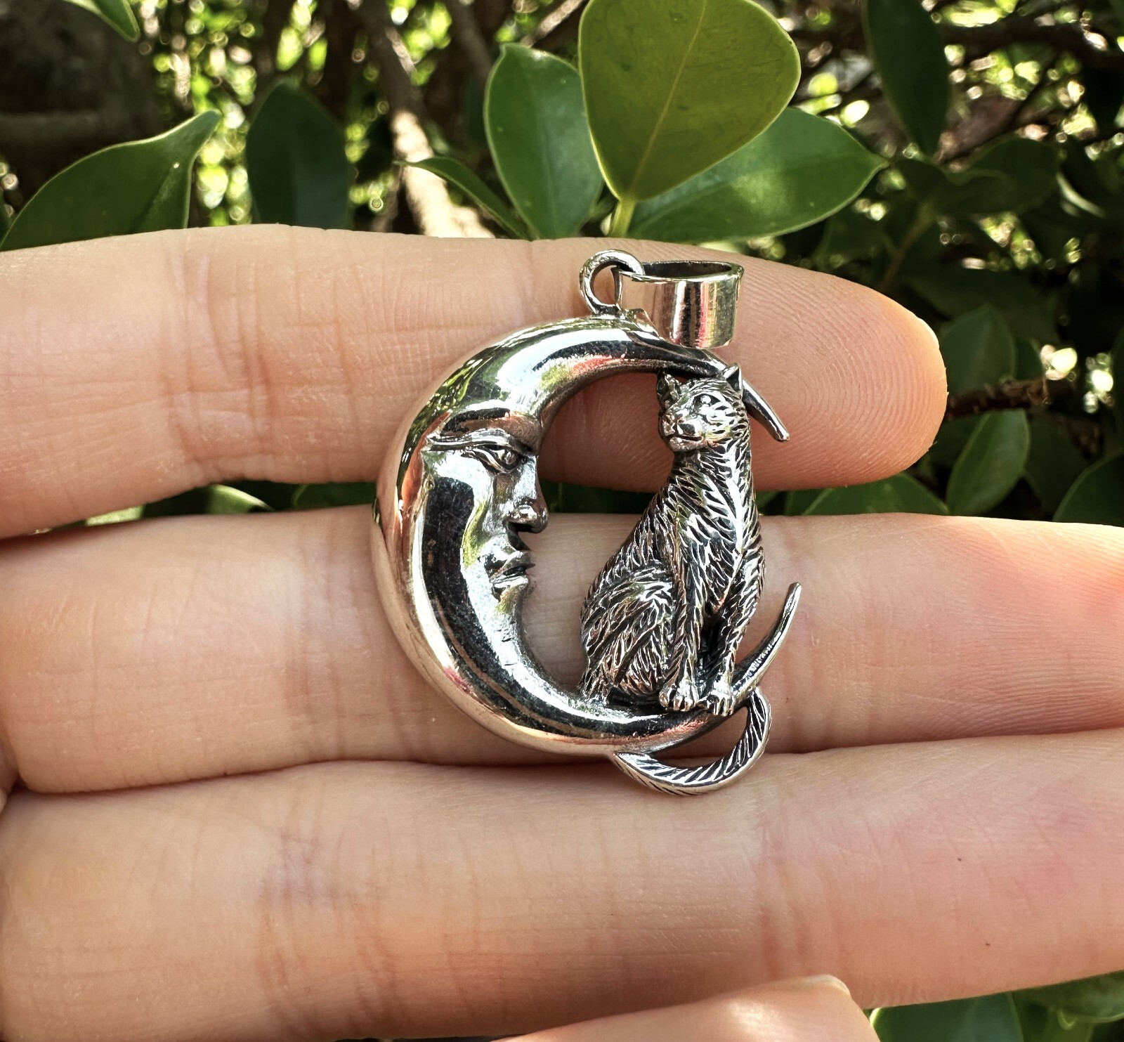 Cat & Crescent Moon Pendant STERLING SILVER 925 Magic Cat Magical Creature Witch