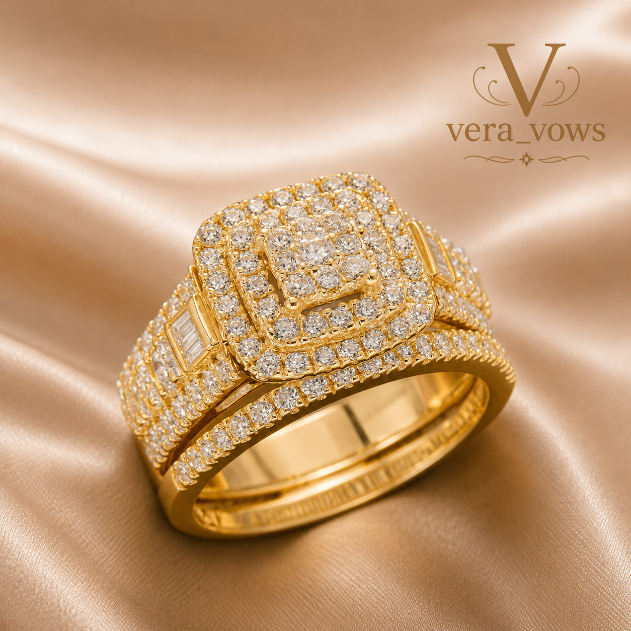 14k Yellow Gold Plated Engagement Ring 2 Ct Moissanite Round Cut Bridal Band Set
