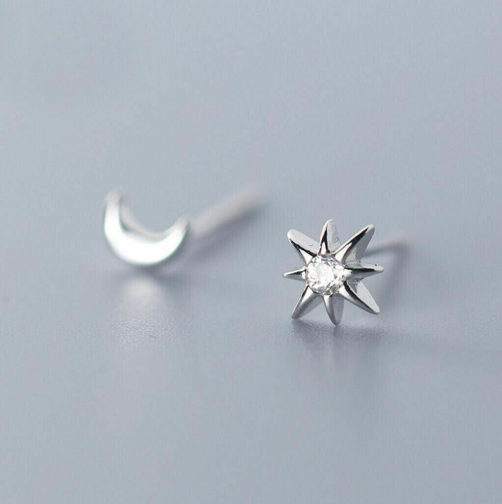 925 Sterling Silver Tiny Moon Star Asymmetric CZ Stud Earrings Women Jewelry AJ
