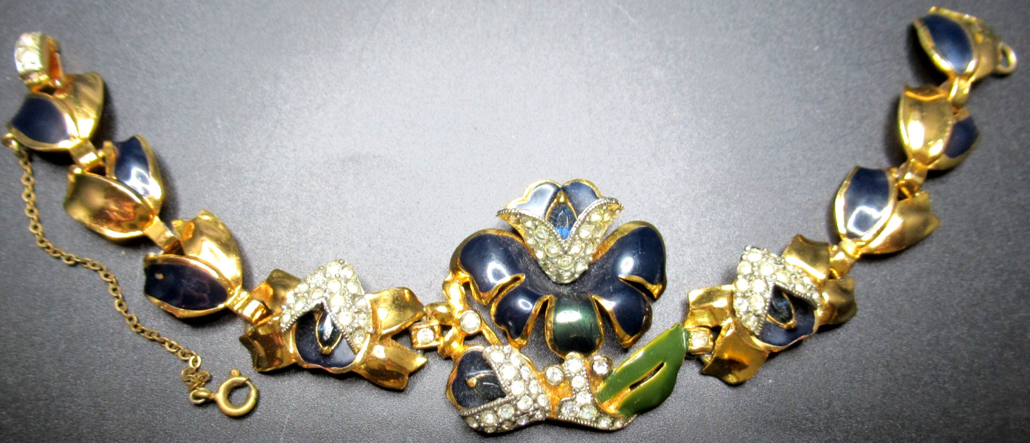 CORO Navy Blue Enamel Rhinestone Flower Early Vintage Bracelet