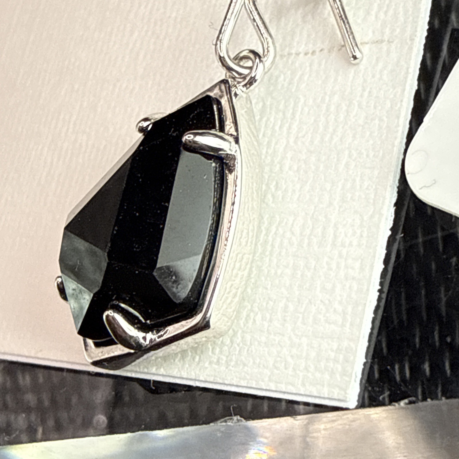 Kendra Scott Carinne Black Glass Rhodium Plated Dangle Drop Earrings Silver Tone