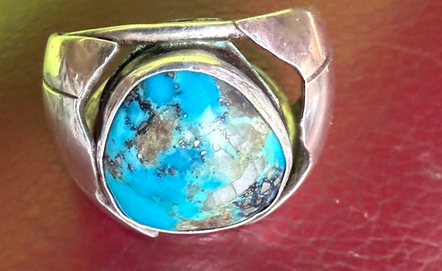 Natural Bisbee Turquoise In Quartz Tufa Sterling Ore Silver Ring Size 9.5