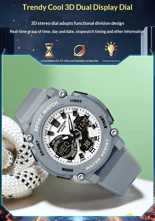Sport Multiple Functions Watch Dual Display Quartz + Electronic 12/24 Hour 5Atm