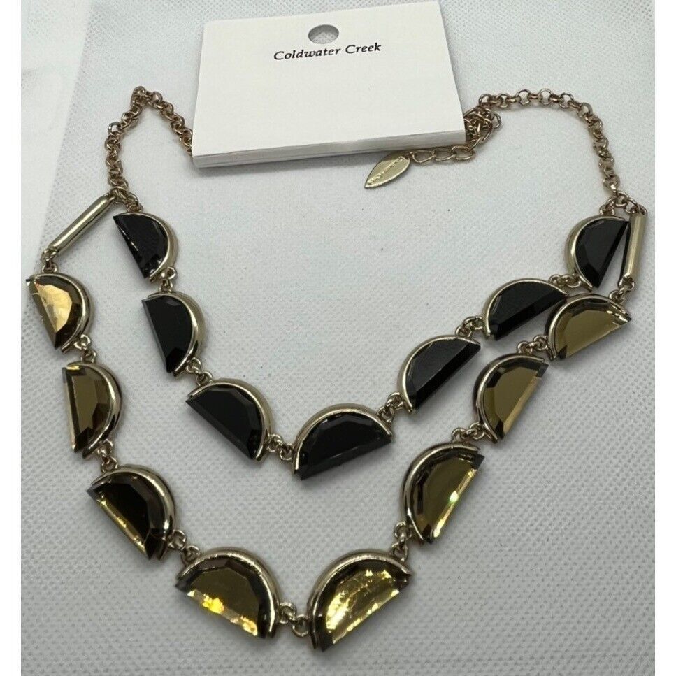 Coldwater Creek Black Amber Glass Half Moon Gems Layered NWT Gold Tone Necklace