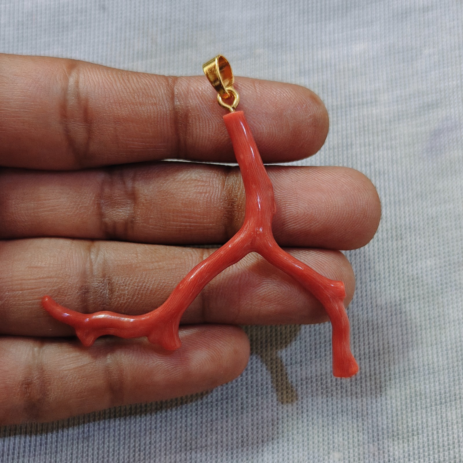 Natural Italian Red Coral Branch Brass Pendant Boho Ocean Gemstone Jewelry