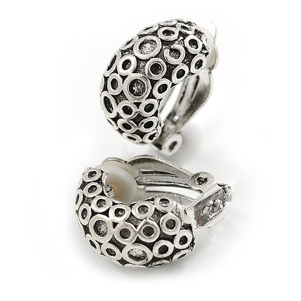 C Shape Pattern Clip On Earrings In Aged Silver Tone – 20mm L