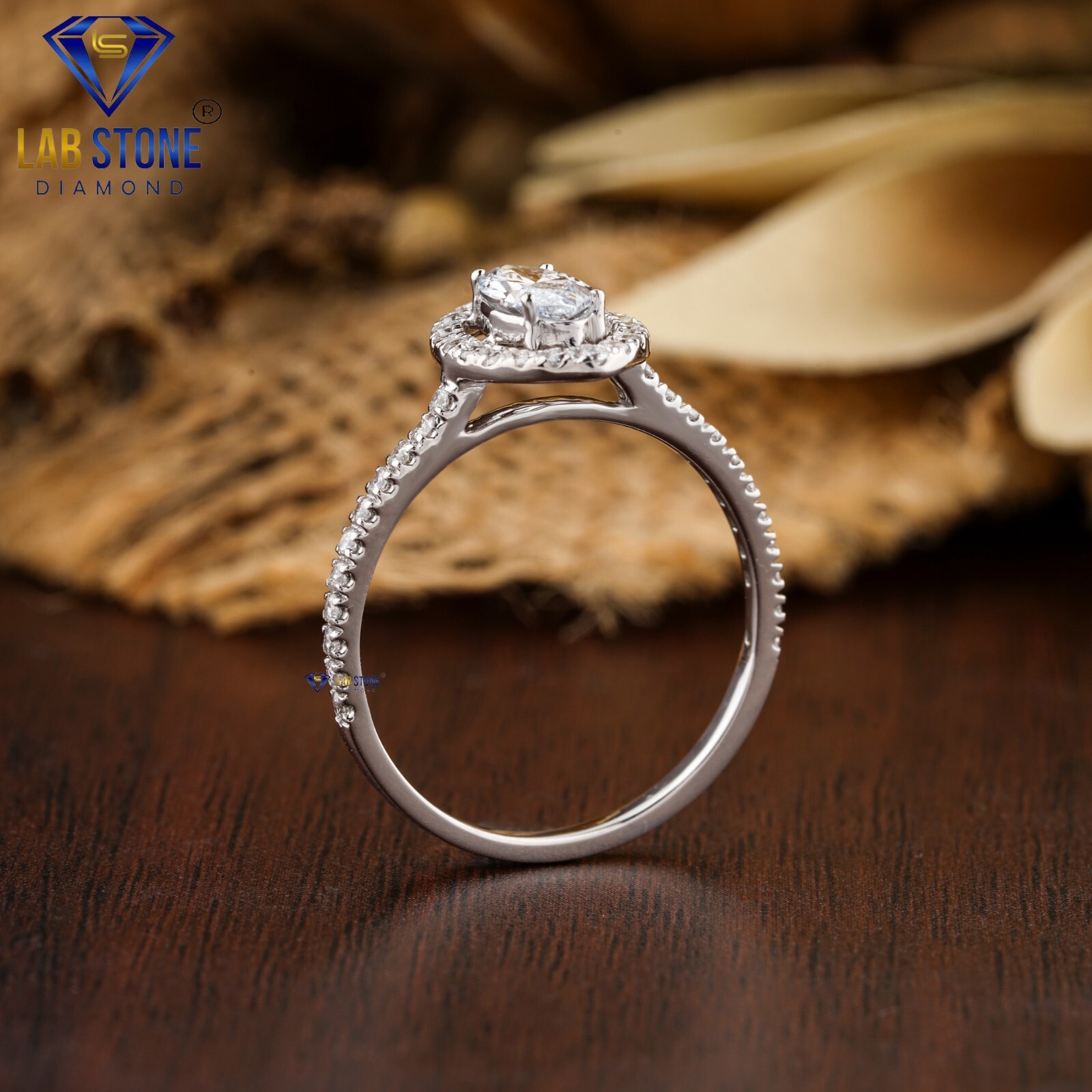 0.83 TDW Marquise & Round Lab Grown Diamond Halo Ring 18k White Gold