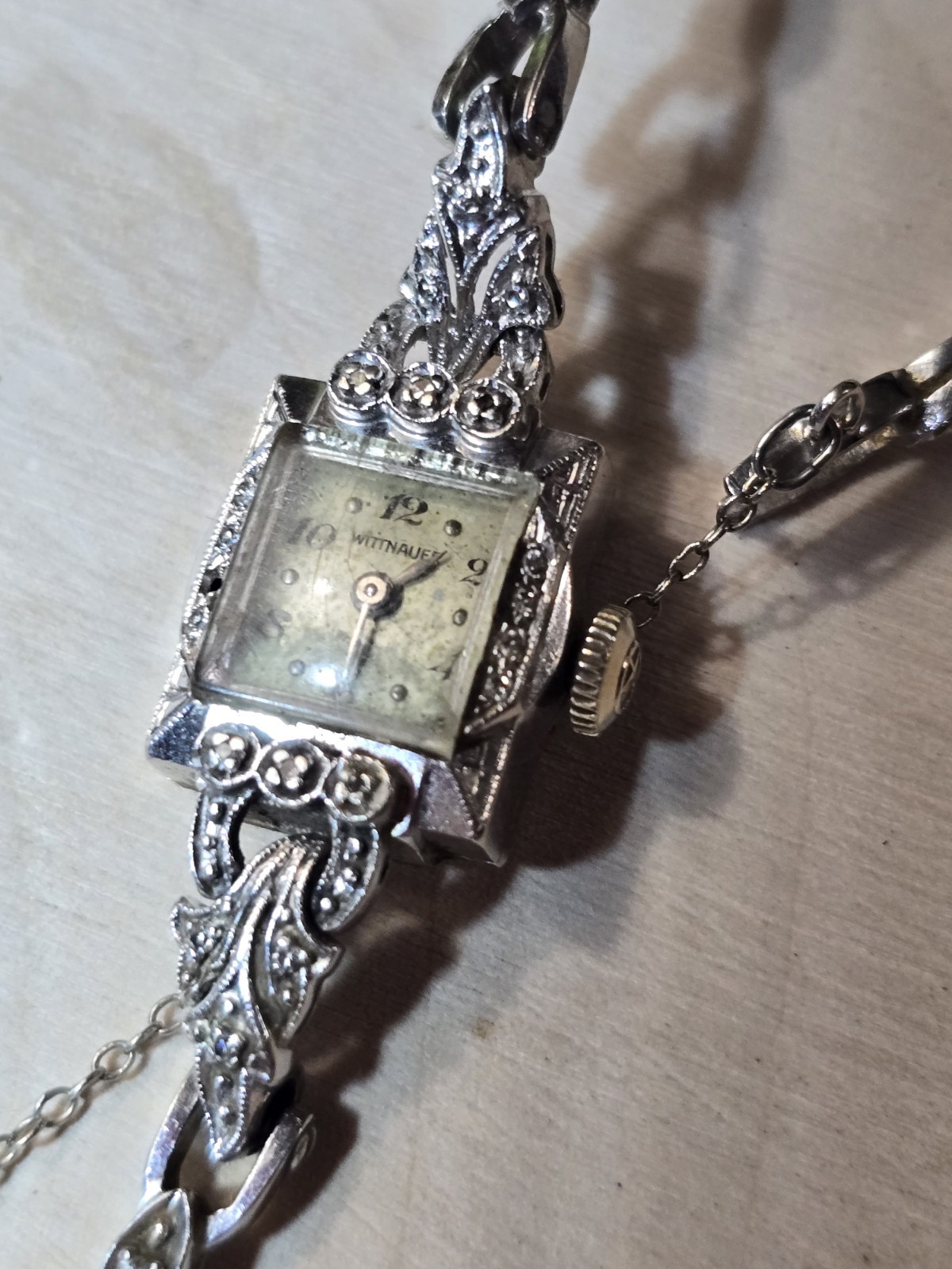 VTG WITTNAUER 14K WHITE GOLD DIAMOND LADIES Cocktail Watch Non-working 15.42g