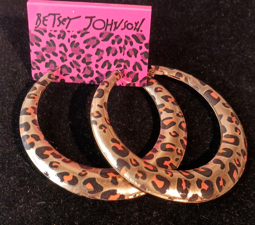 Big LEOPARD Animal Print HIP HOP Gold HOOP Leverback Betsey Johnson Earrings