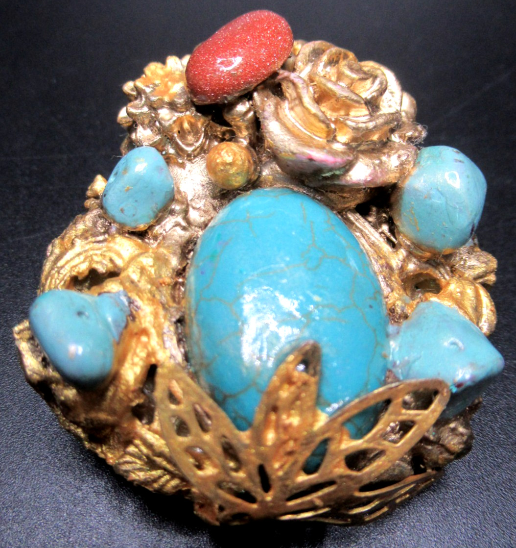 FRENCH Gilded Resin Rhinestone Turquoise Goldstone Pin Brooch