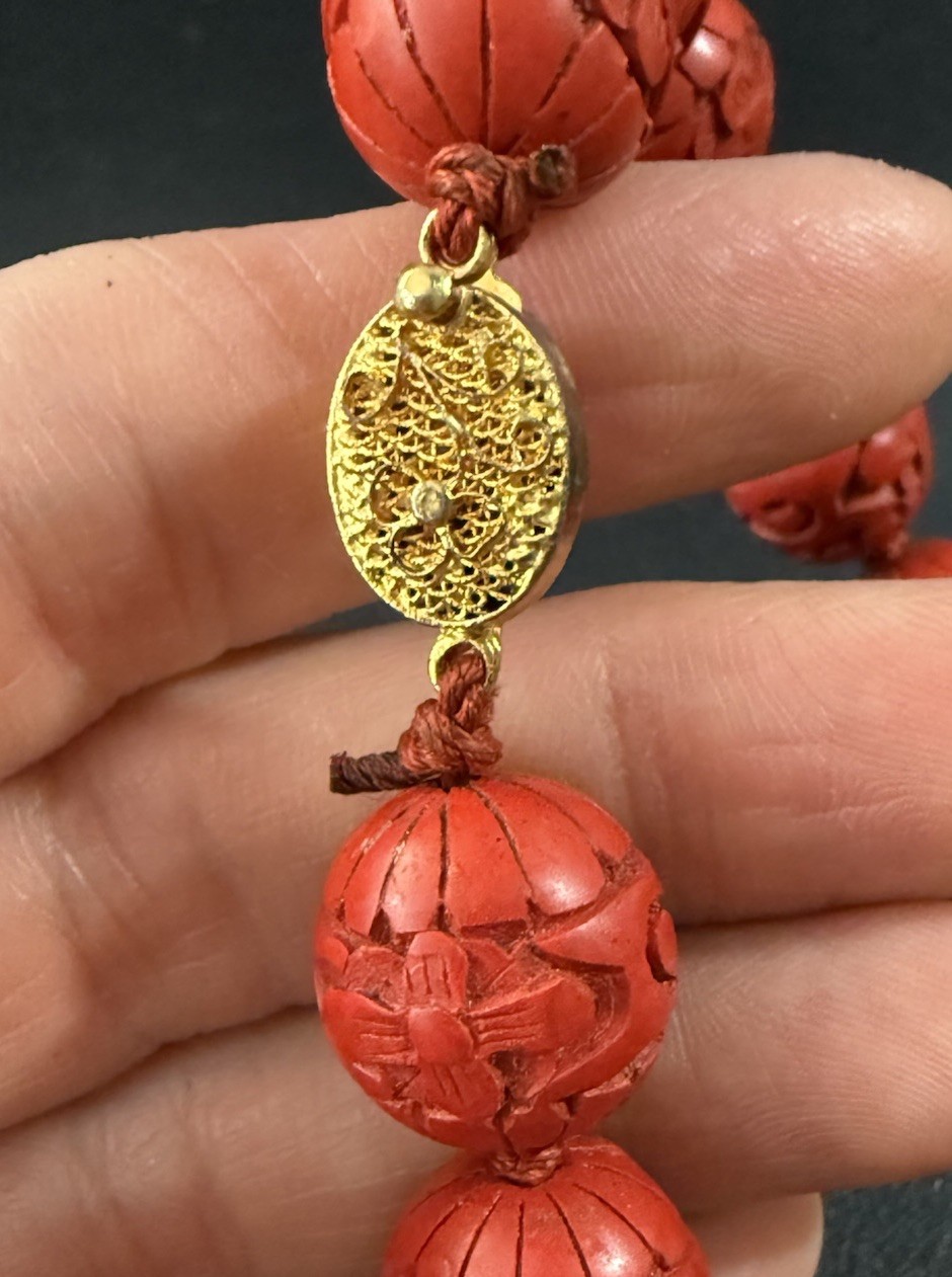 Vintage Chinese Export 24″ Necklace Hand Carved Red Cinnabar Lacquer Beads H12