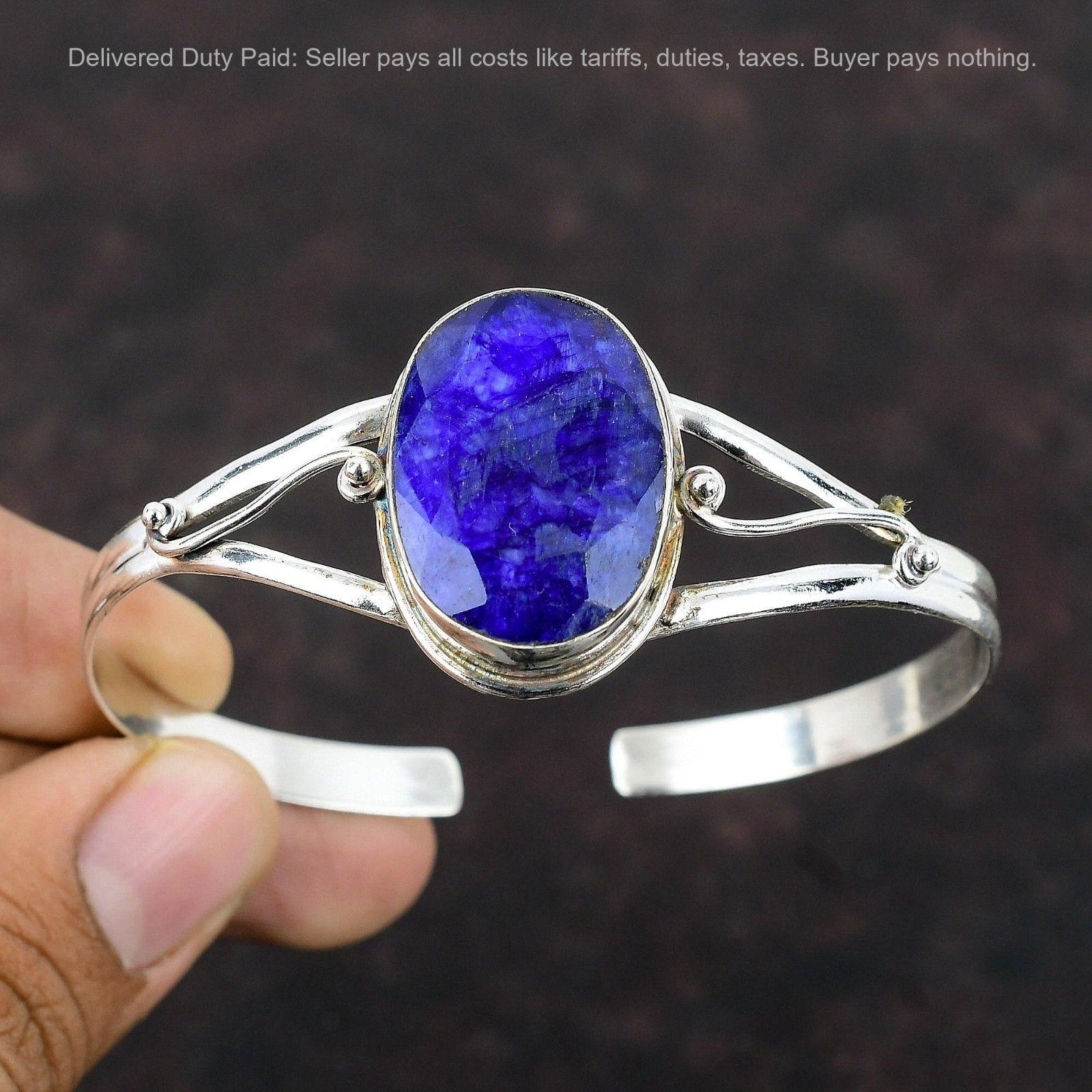 Oval Natural Blue Saphire 925 Sterling Silver Birthday Wife Trendy Bezel Bangle