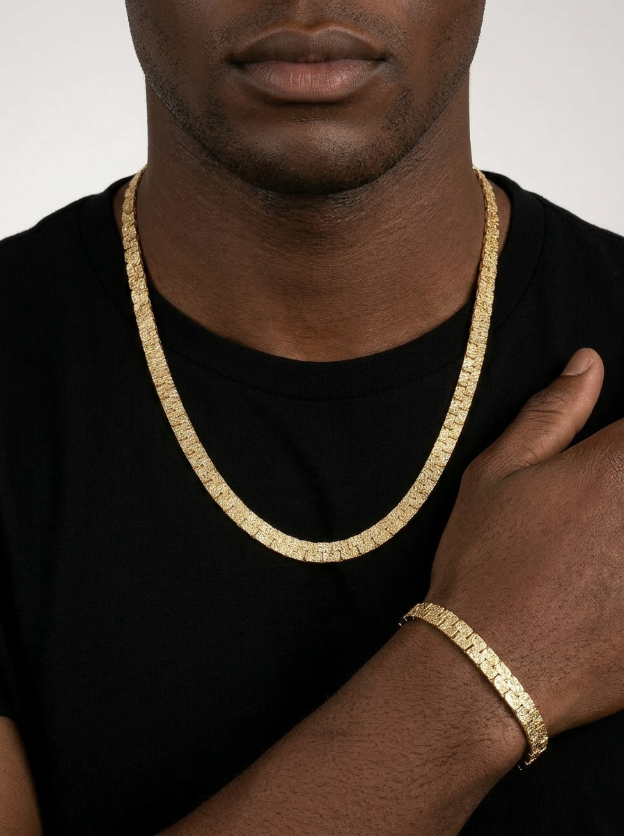 14k Heavy Plated Gold Nugget Chain Necklace & Bracelet 7mm Flat Necklace, Unisex