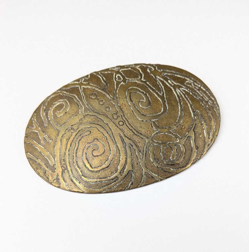 Antique Brass Celtic Revival Brooch C Clasp Swirls Unsigned 3″