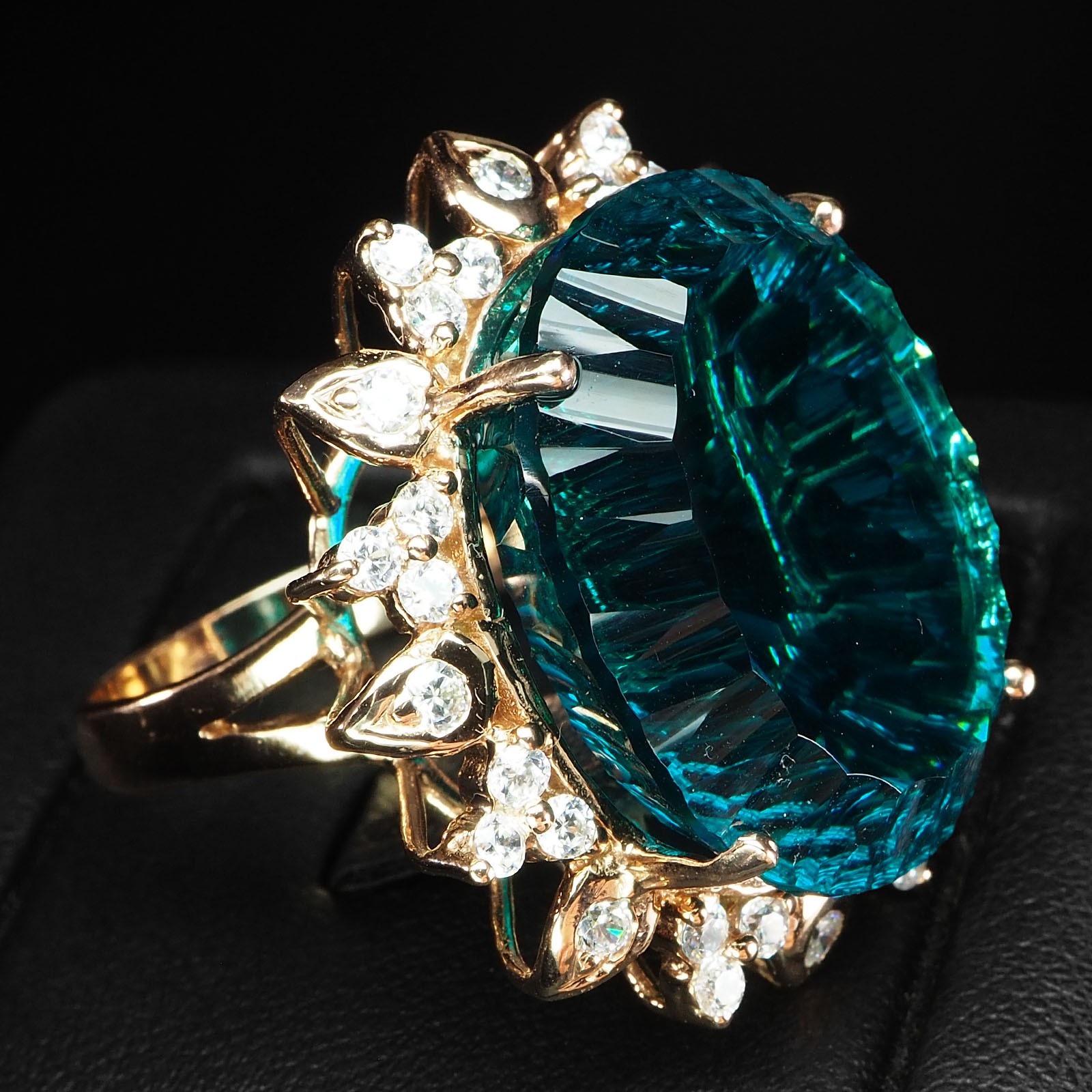 Luxurious Blue Green Tourmaline Concave 40Ct 925 Sterling Silver Rose Gold Rings