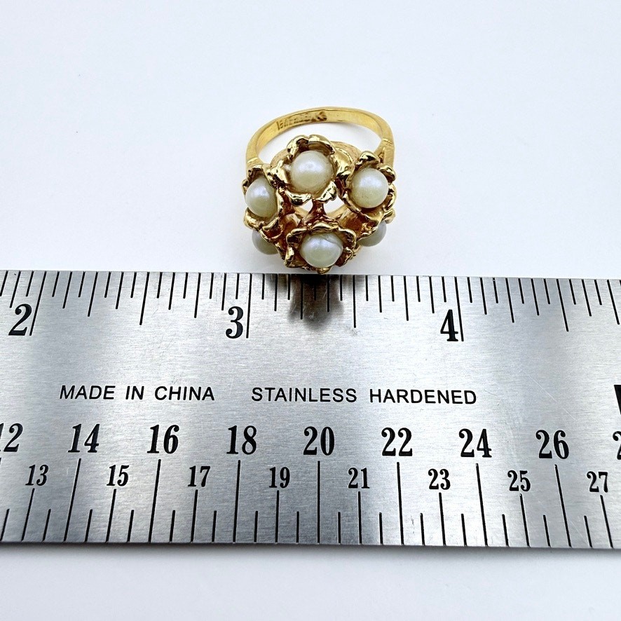 Vintage HGLW MCM 18K Gold Plated Faux Pearl Flower Cluster Cocktail Ring SZ 6.25