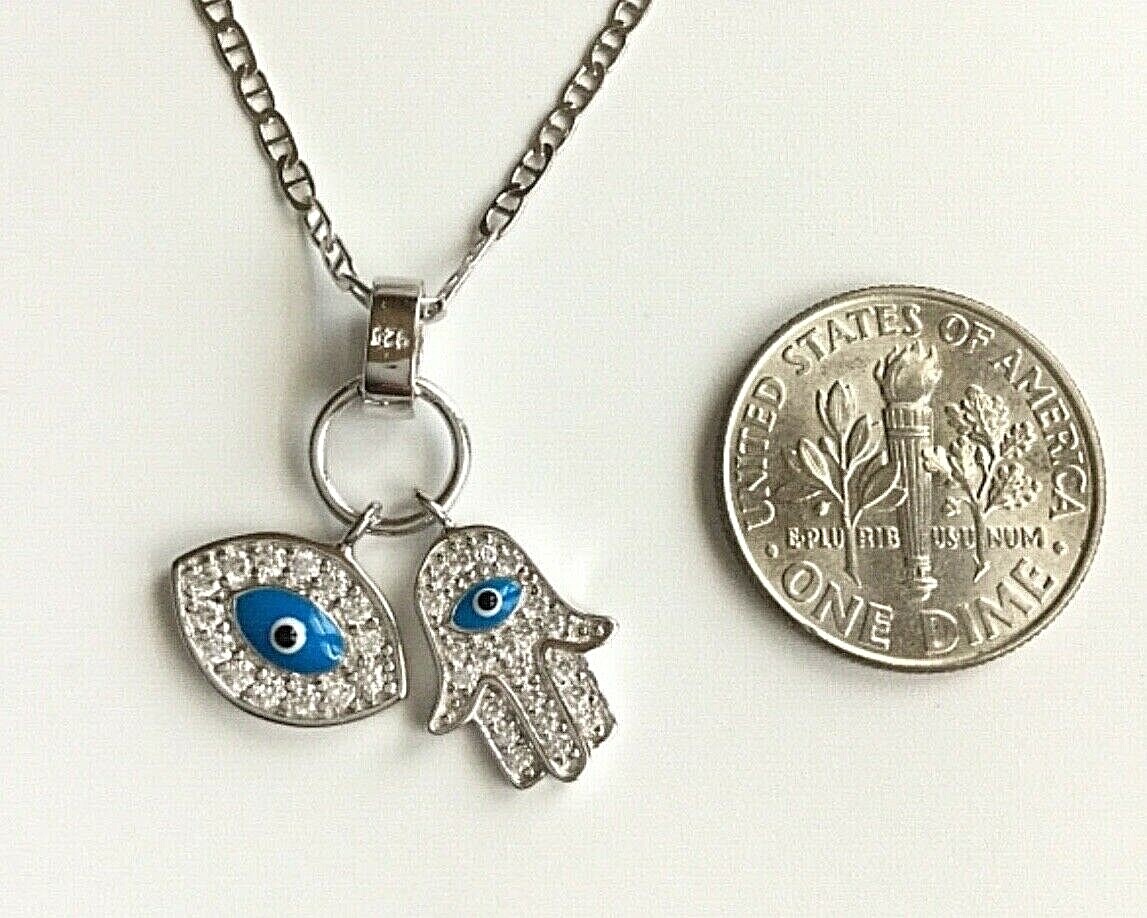 925 SILVER HAMSA EYE MARINER LINK NECKLACE 16″ / CADENA PLATA MANO,OJO-SN14