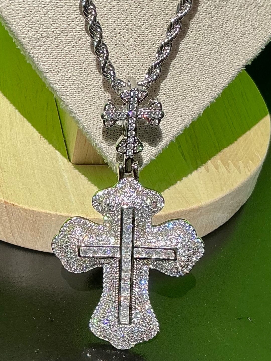 New Men Women White Gold Tone Cross CZ Chain Necklace Hip Hop Rap Fire Bling