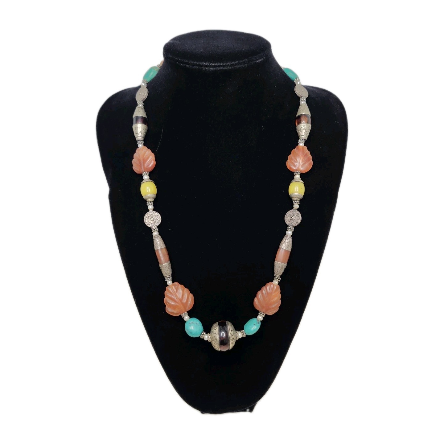 Vintage Tibetan Himalayan Tribal Beaded Statement Necklace Carnelian Turquoise