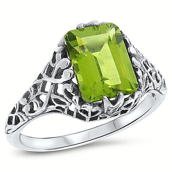 GENUINE 1.50 CARAT PERIDOT 925 STERLING SILVER ANTIQUE STYLE FILIGREE RING 746Z