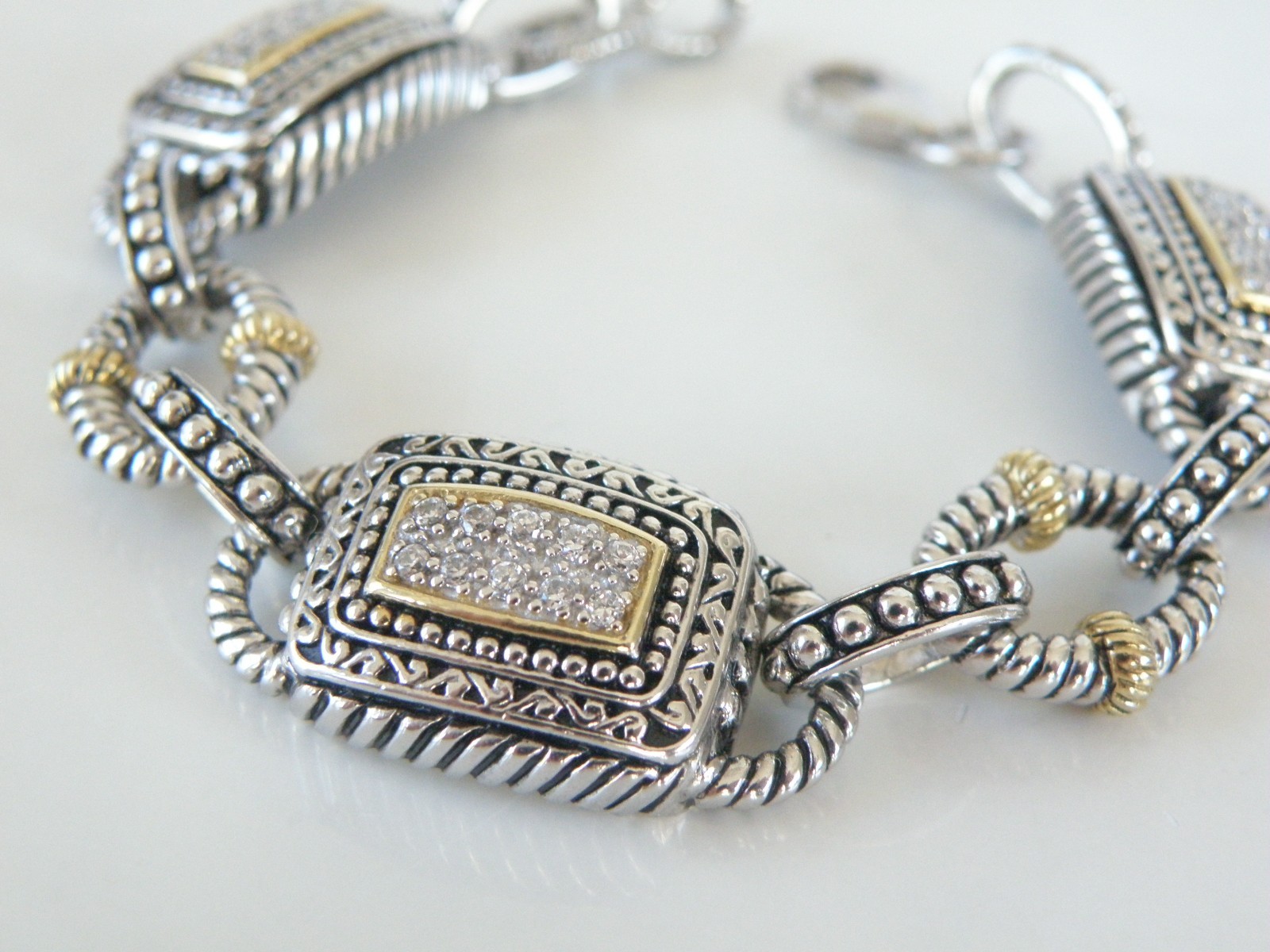 Chunky Sterling Silver 925 CZ Cable Designer Statement Station Bracelet 7″
