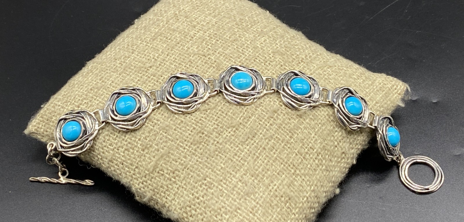 PZ-Sterling Silver Modernist Turquoise Nest Link Toggle Bracelet-MADE IN ISRAEL