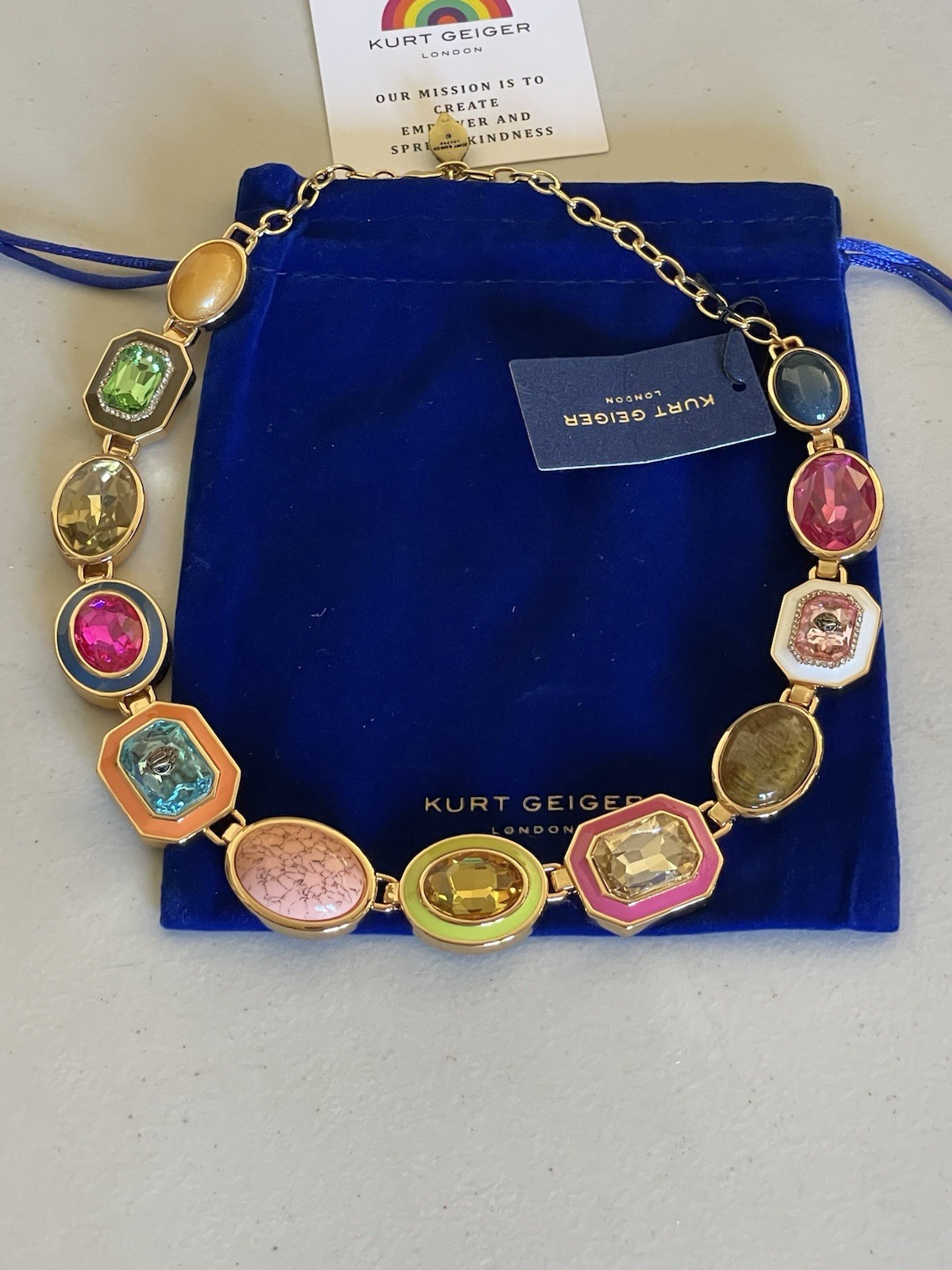 KURT GEIGER SIGNATURE GOLD TONE STONE GEM COLLAR NECKLACE MULTI 18”+ 2”