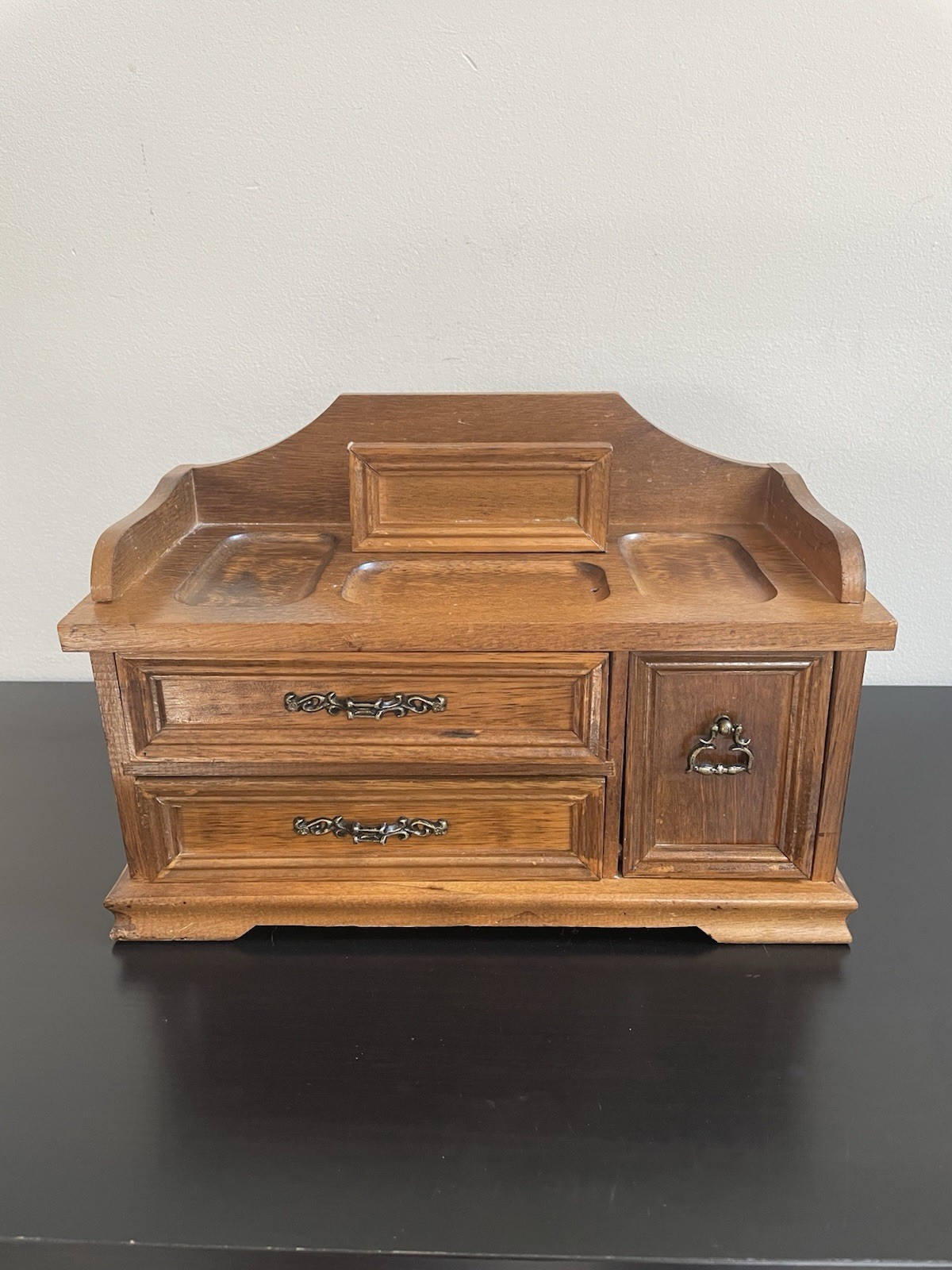 Vintage 1970s Carved Walnut Desktop Jewelry Box 3 Drawers 12”x 8,5”x 6”