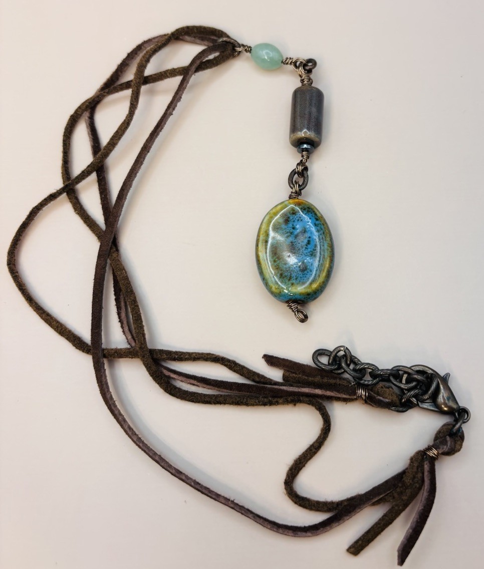 Vintage Artisan Handmade Necklace Speckled Blue Green Bead Pendant 18” Cord