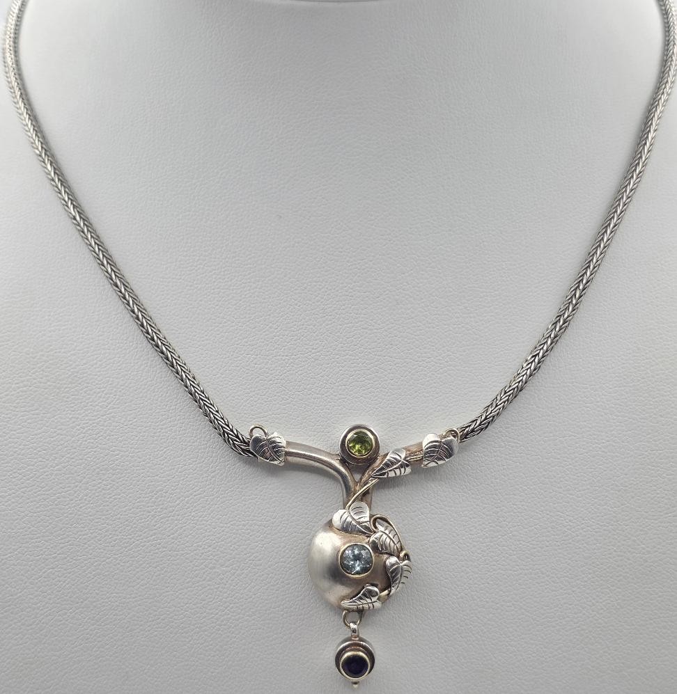 925 Sterling Silver & Gold Accent Multi-Gemstone Leaf & Vine Toggle Necklace
