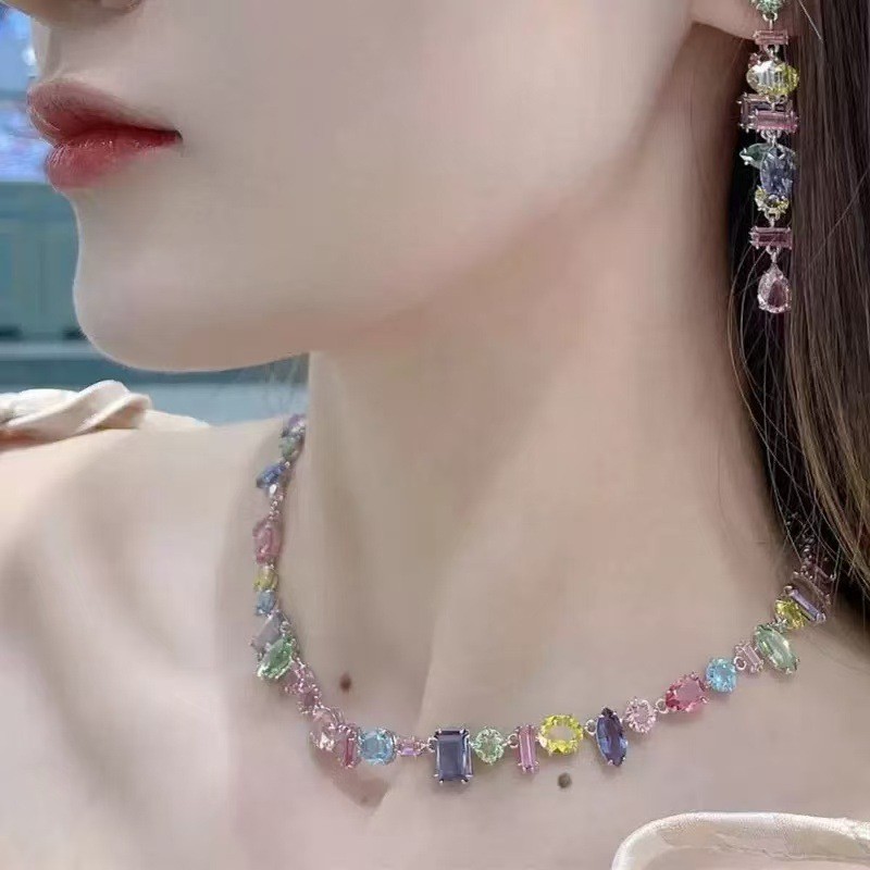 Swarovski Crystal Gema Mix Cut Gemstone Strand Choker Necklace