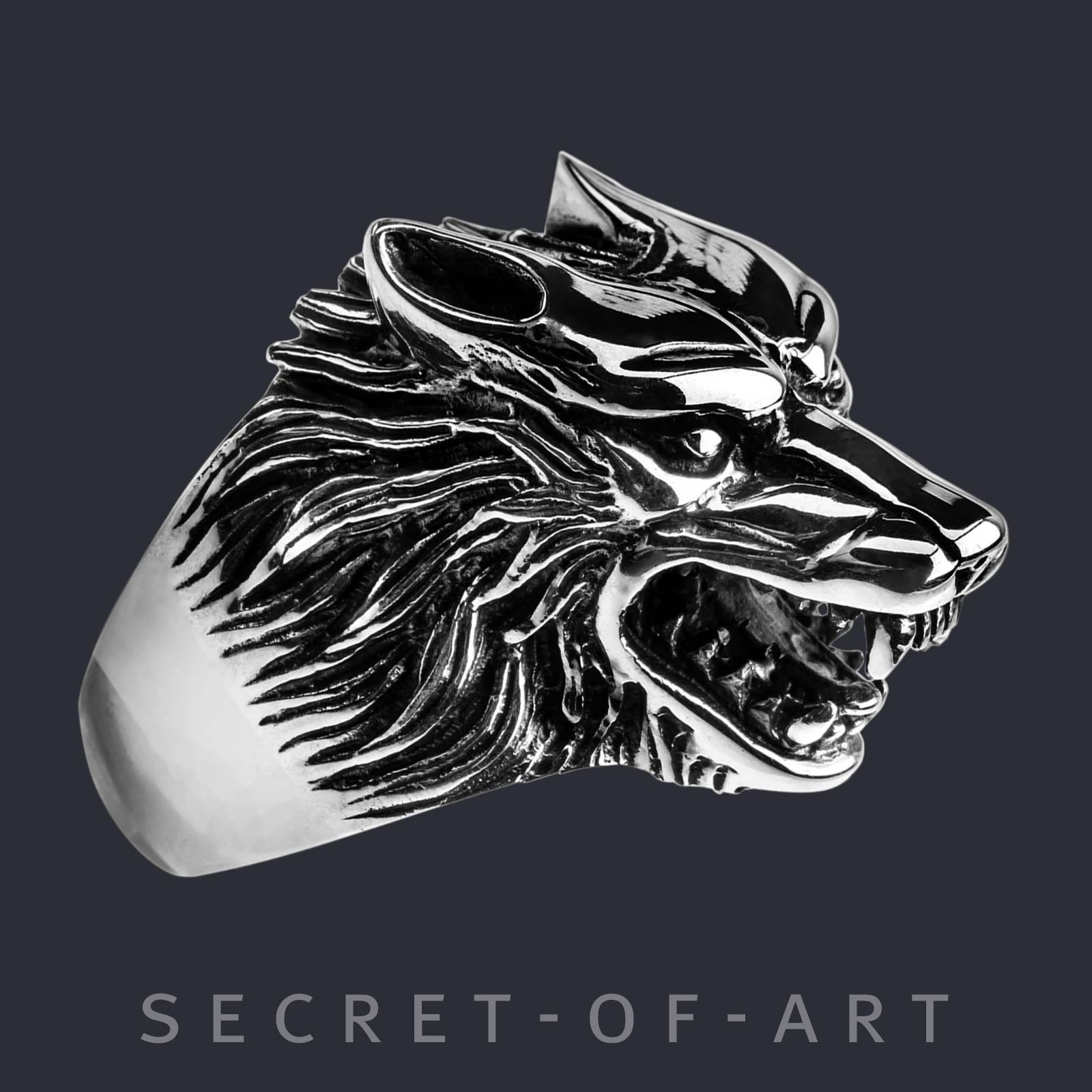 Wolf Ring Silver 925 huge 3D Wolfhead Biker Rocker Mens jewelry US-size 8-13