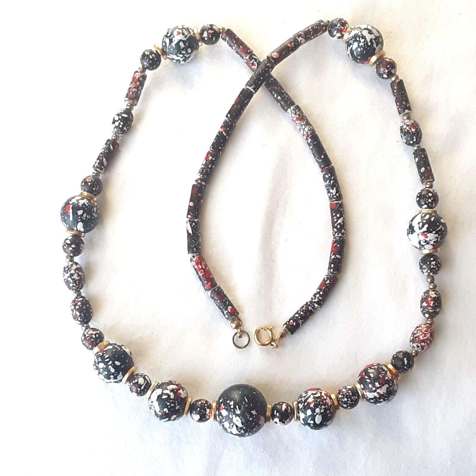 Long Black Multicolor Beaded Necklace White Red Gold Speckled 27″ Long