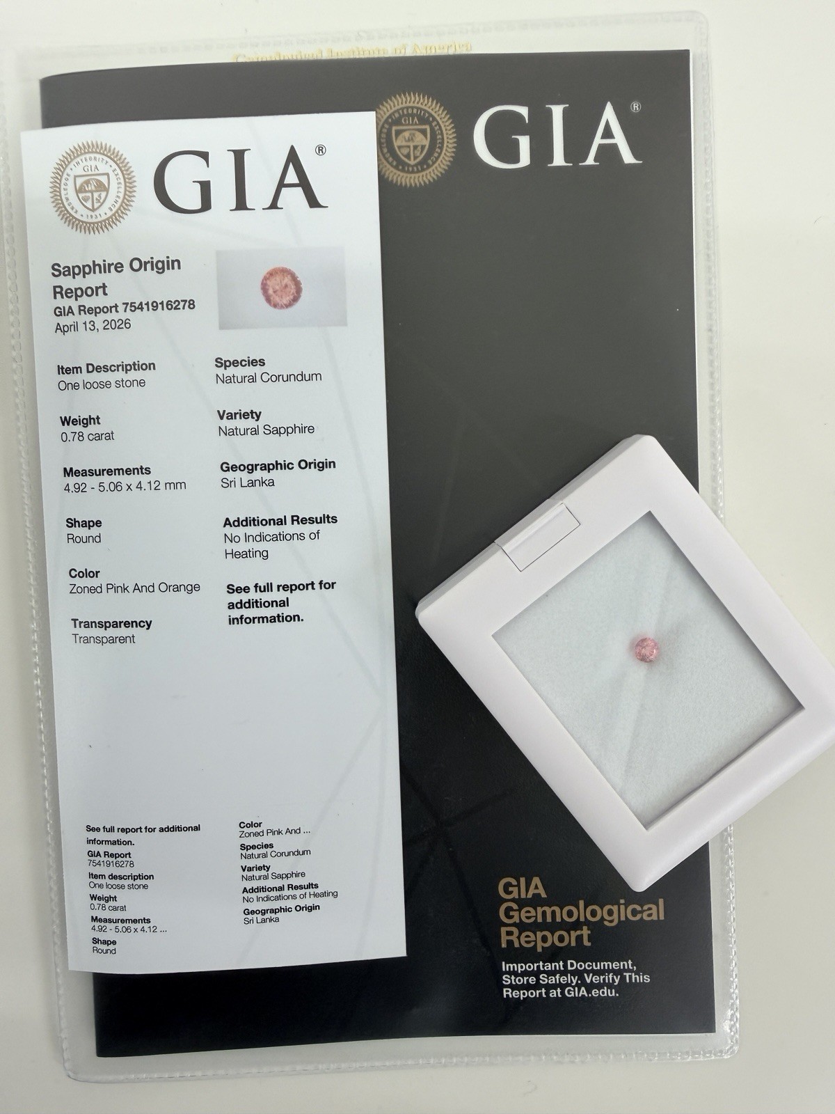 0.78ct Natural Pink Orange Sapphire GIA Certified Sri Lanka Unheated Round