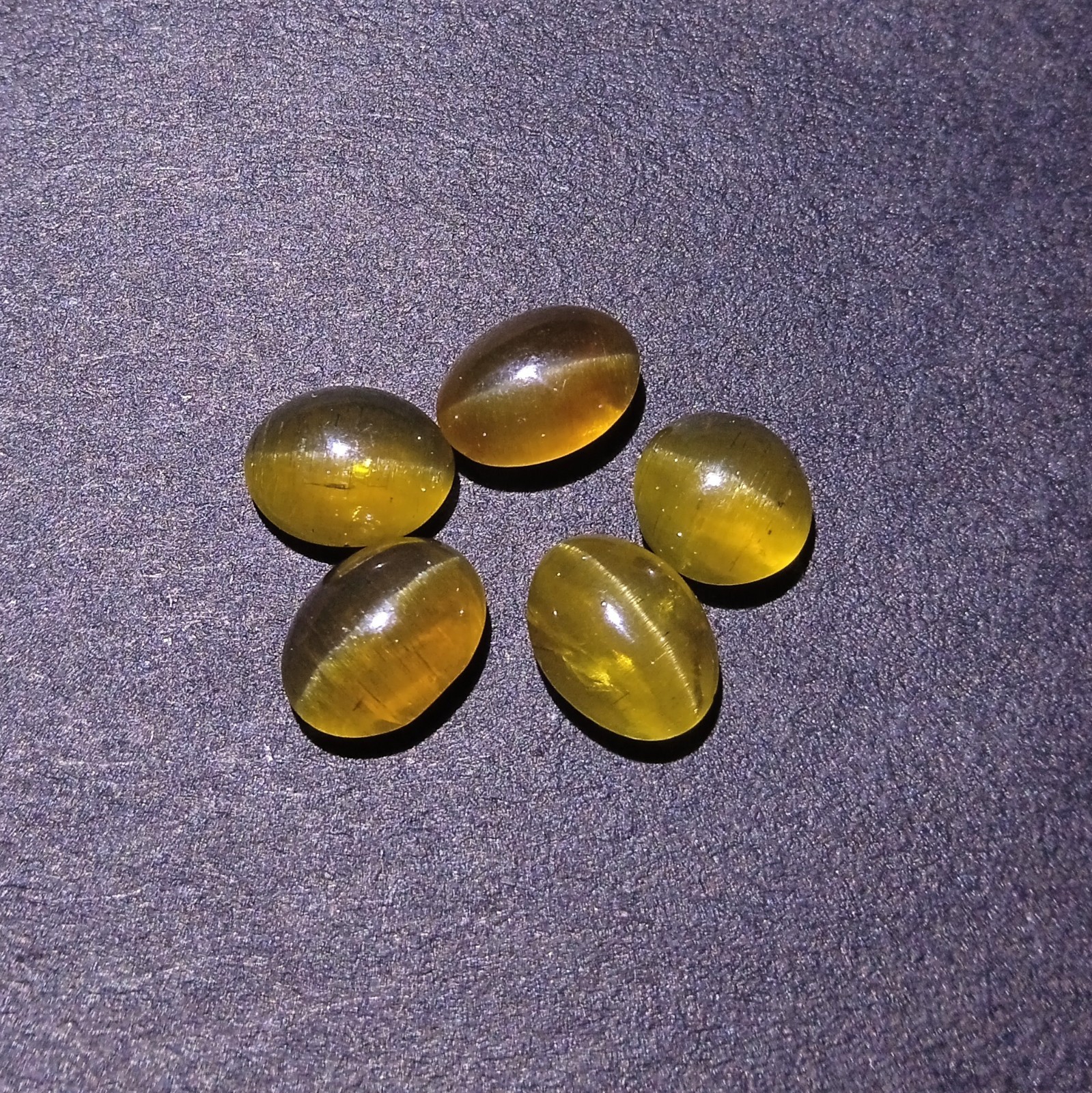 9.2 Ct Apatite Cat’s Eye Cabochon Gemstone 5 Piece Lot: Green Brown Oval/Round