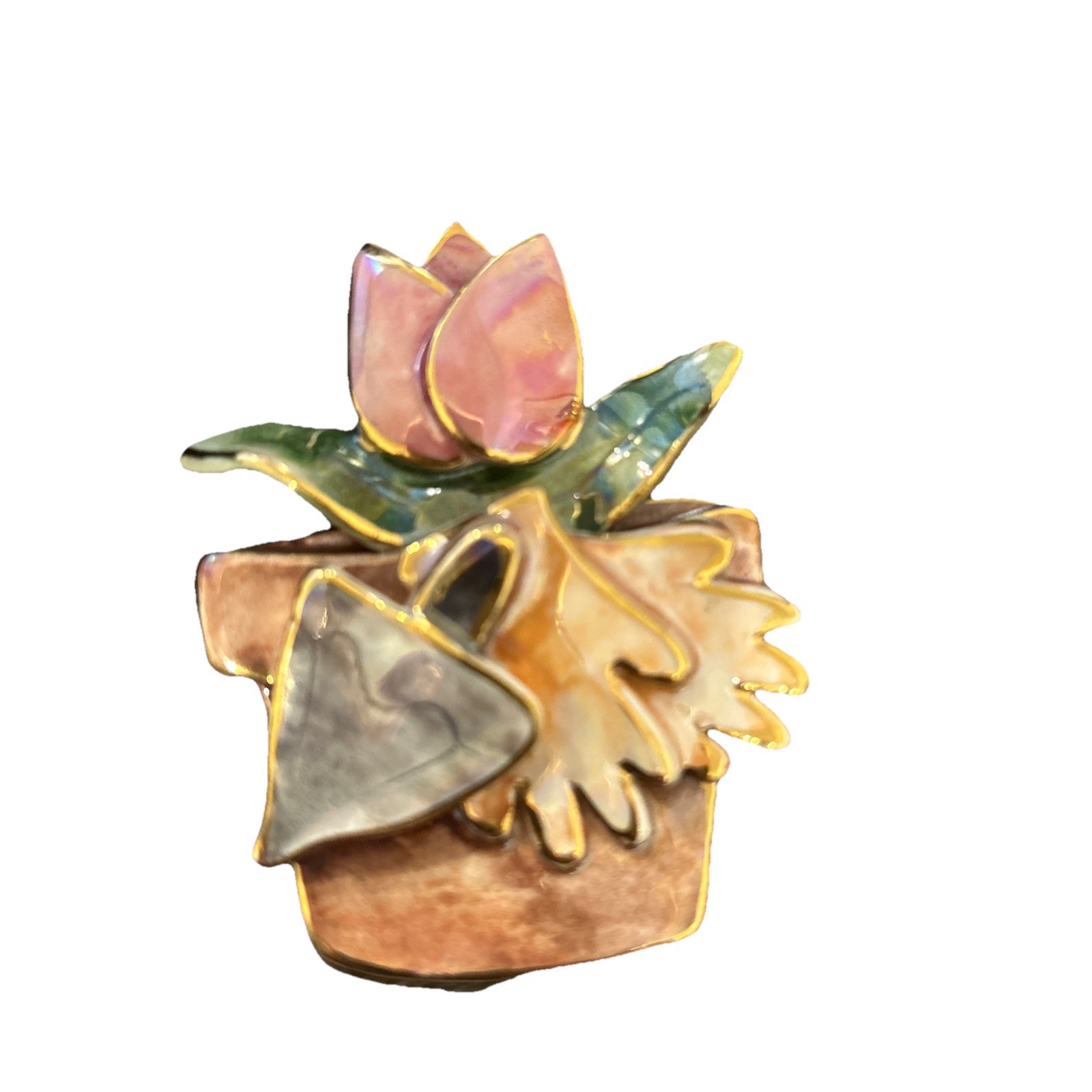 Flower Brooch Pin Enamel Pink Accent Tulip Floral 2 3/4”