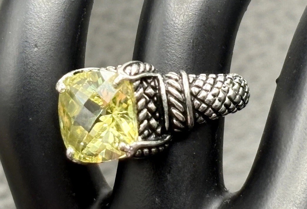 Designer Silver Tone Yellow CZ Faux Citrine Cushion Cut Ring Cable Woven Band 7