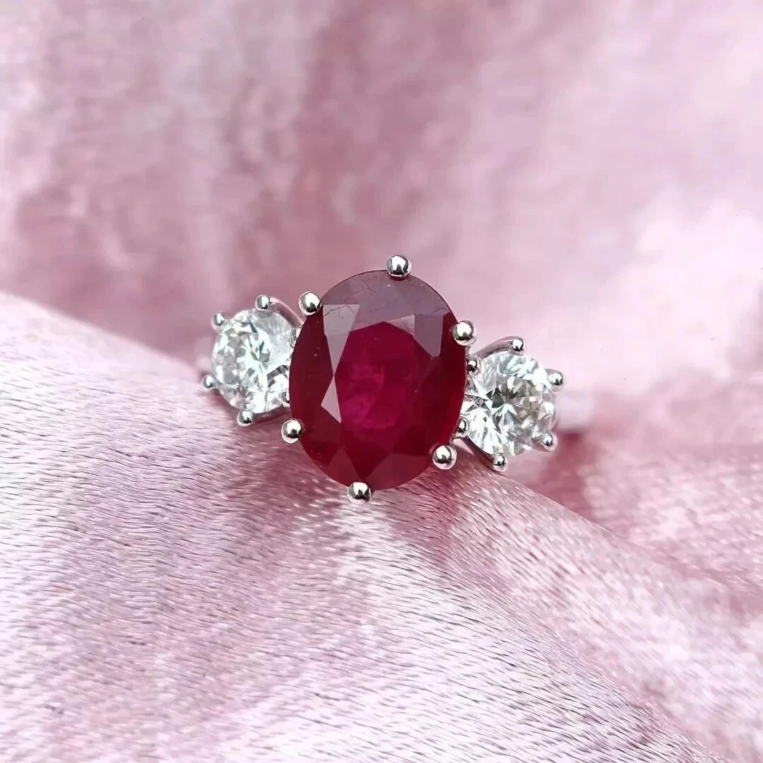 4.20Ct Oval Cut Natural Red Ruby & Diamond Wedding Ring 14K White Gold Size 6 7