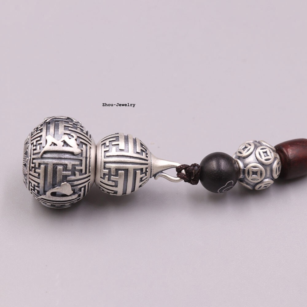 Real 999 Fine Silver Pendant Buddhist Sutra Gourd Shaped Amulet Netsuke 15-17G