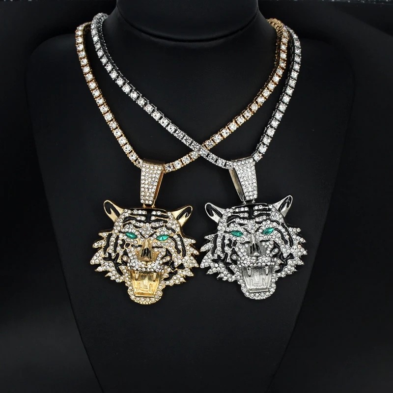 Iced Out Tiger Head Pendant Chain Silver Cuban Link Hip Hop Necklace BlingJewelr