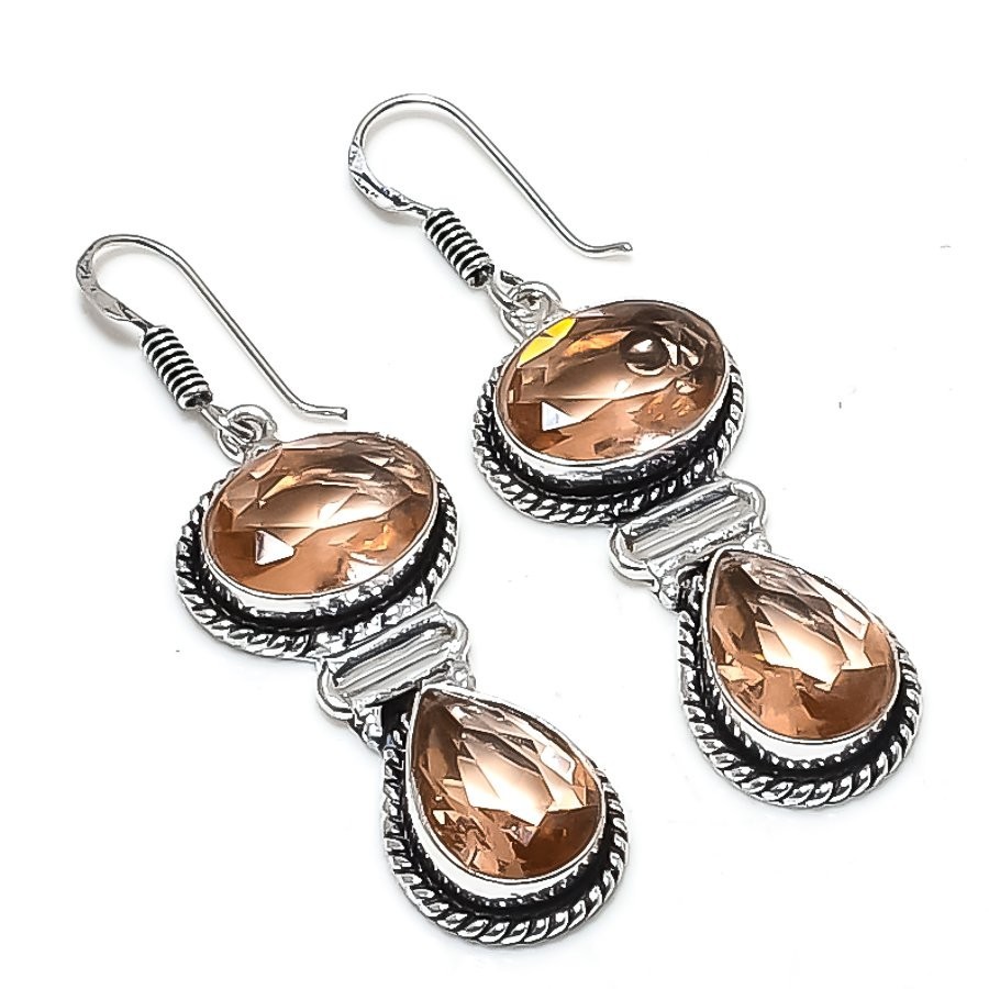 Peach Morganite Gemstone Handmade 925 Sterling Silver Jewelry Earring Size 2″
