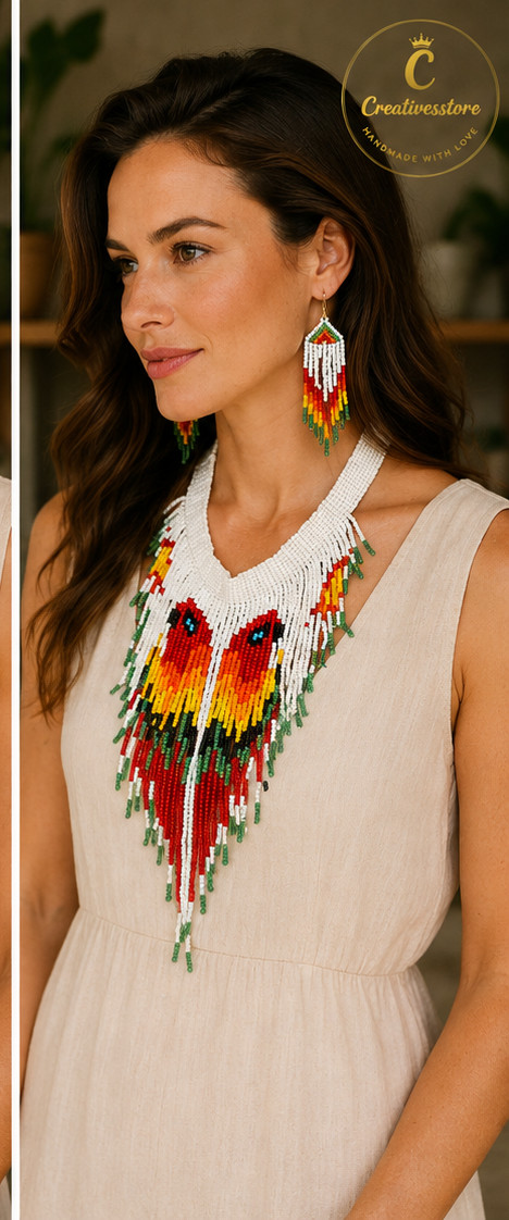 African Inspired Beaded Necklace Set, Handmade Seed Bead Jewelry, Boho Festival.