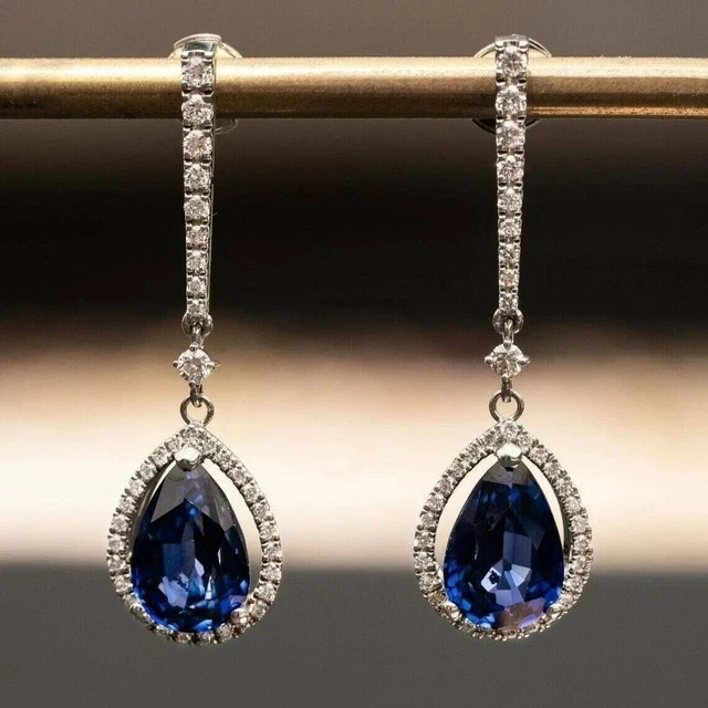 2Ct Pear Cut Lab Created Blue Diamond Drop Dangle Earring 14K White Gold Plated