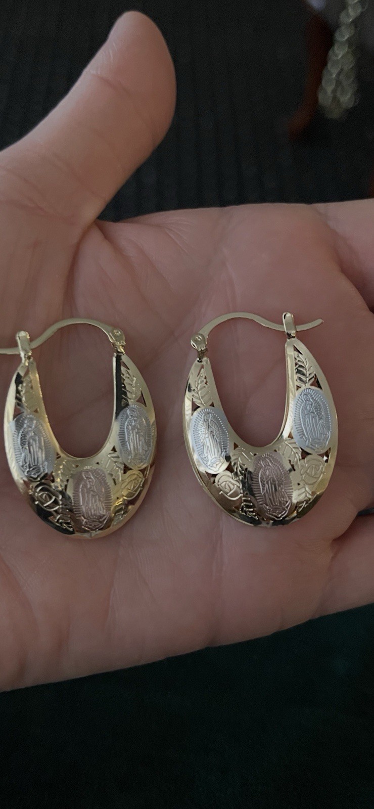 Two-Tone Gold Silver Etched Religious Teardrop Hoop Earrings Latch Back