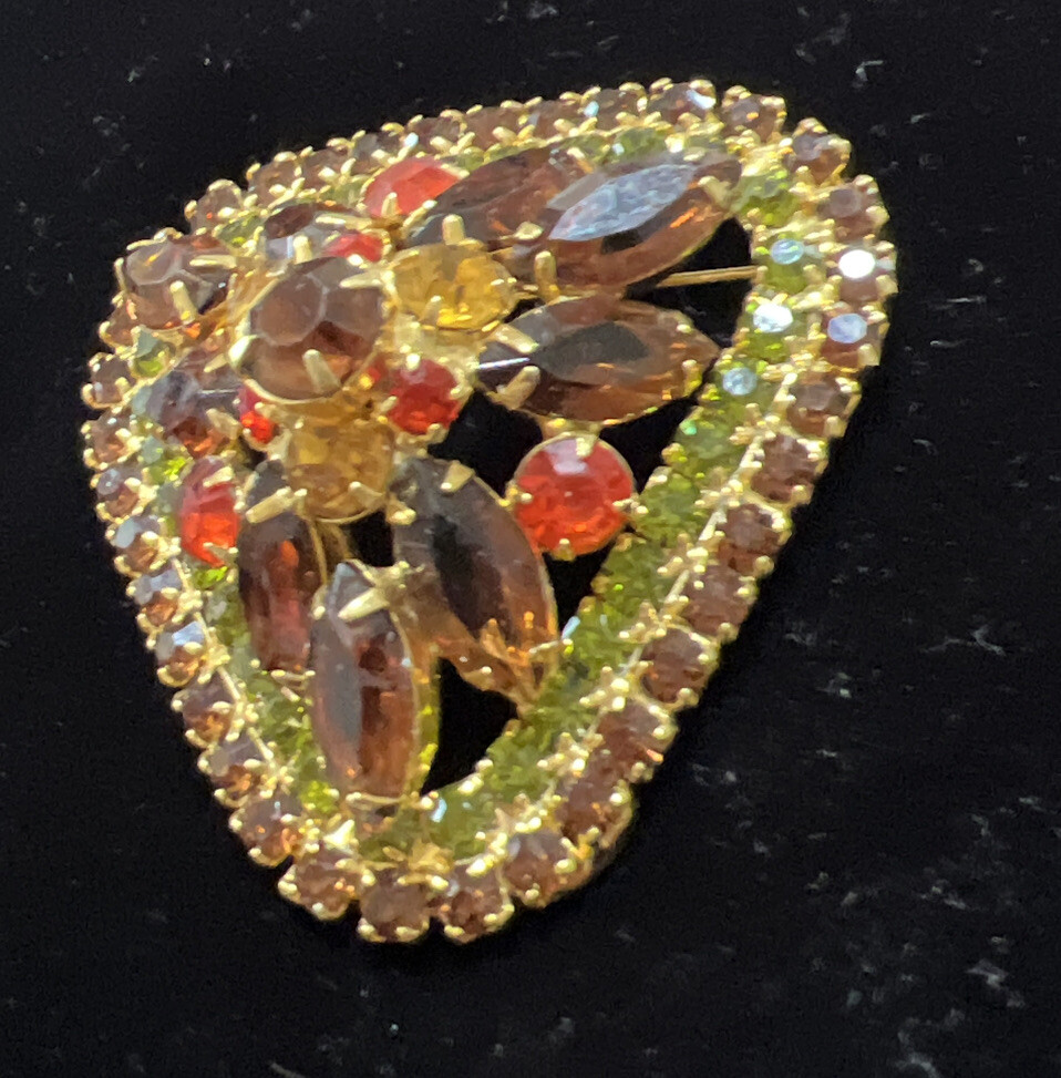 Juliana D&E Rhinestone Brooch Autumn Colors of Hyacinth Sable & Olivine Domed