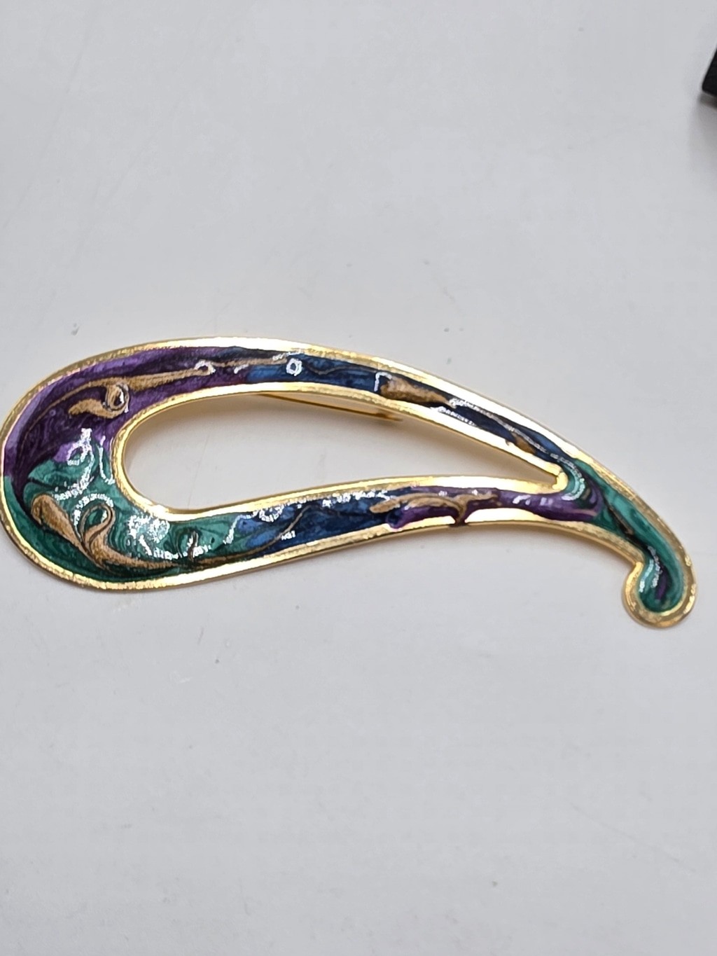 Vintage Abstract Enamel Brooch – Gold Tone Blue, Purple & Teal Art Nouveau Style