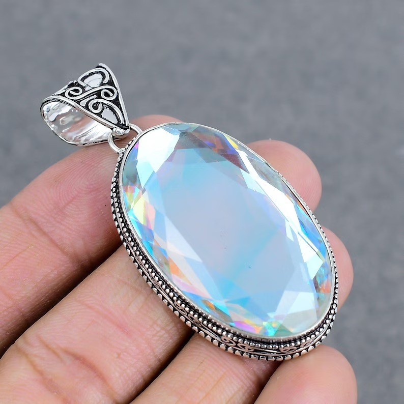 Rainbow Mystic Topaz Gemstone Pendant 925 Sterling Silver Handmade Jewelry