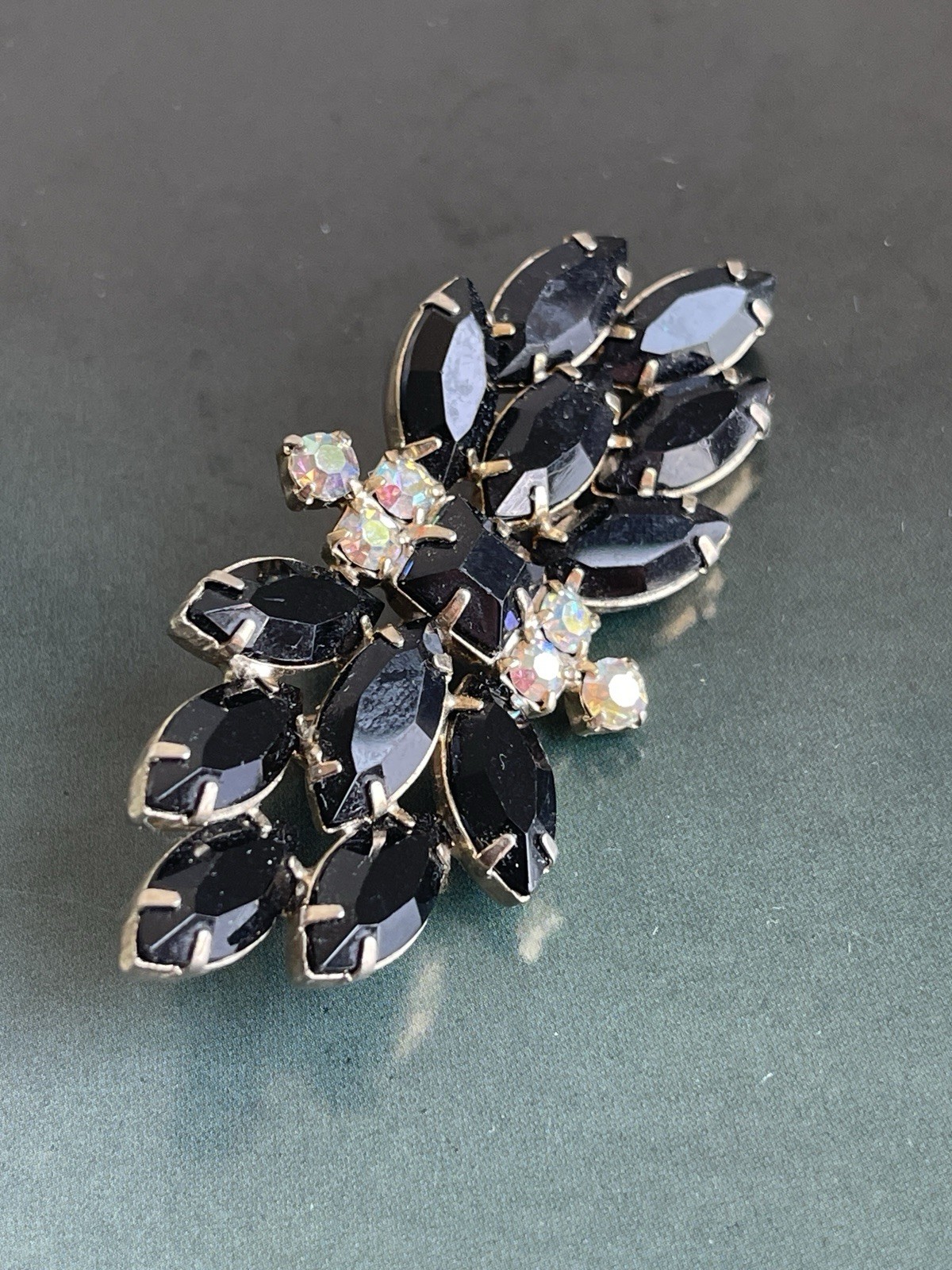 Vintage Juliana slyle black navette rhinestone brooch AB unmarked