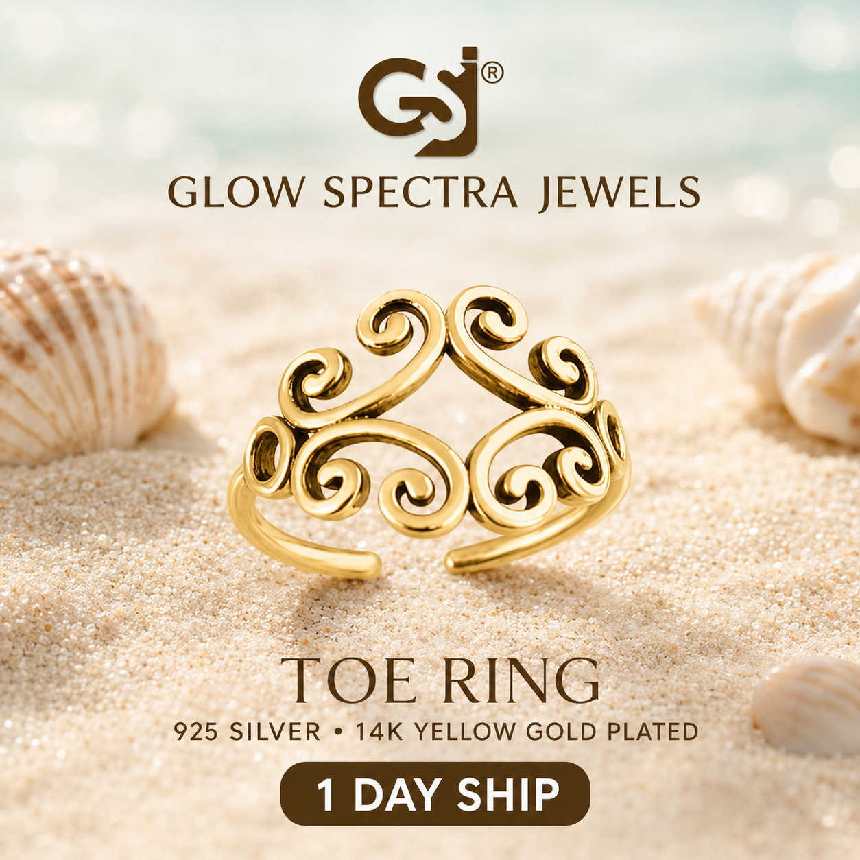 WOMEN’S Multiple Swirl Adjustable Toe Ring 925 Silver 14K Yellow Gold Plated