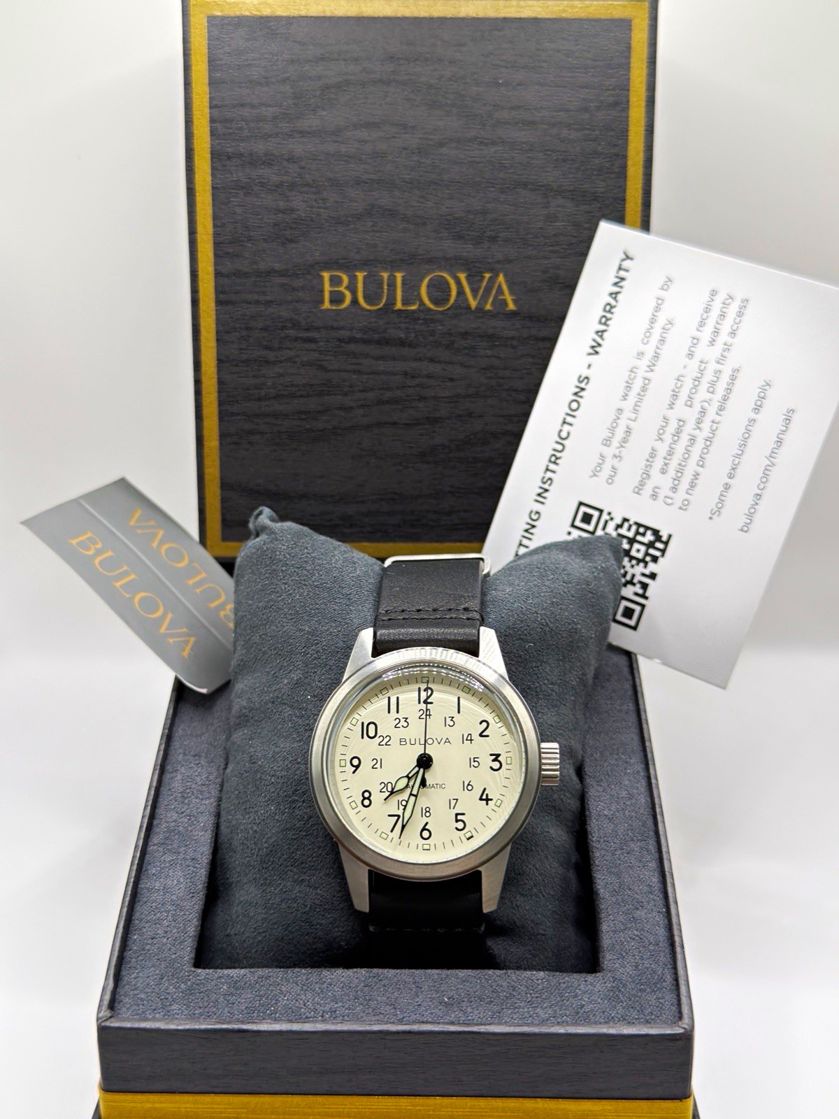 Bulova Automatic Military Watch 24H White Dial Black Leather Strap Box & Papers